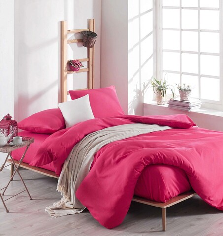 Lenjerie de pat dubla, Düzboya - Fuchsia, EnLora Home, 65% bumbac/35% poliester