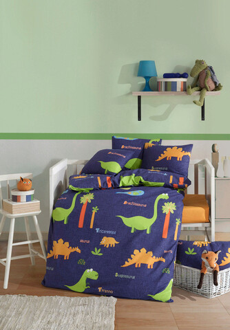Lenjerie de pat pentru copii, Dinolar - Dark Blue, EnLora Home, Bumbac Ranforce