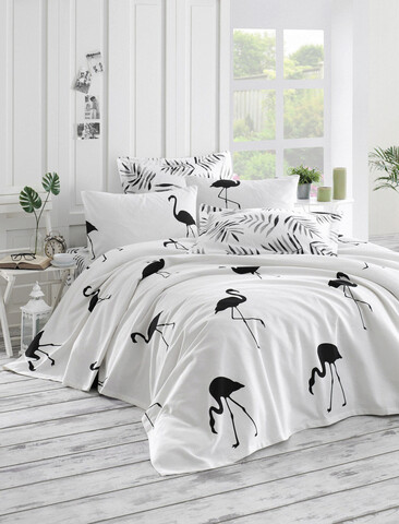 Set cuvertura pique dubla 3 piese, Hope - Black, EnLora Home, Bumbac