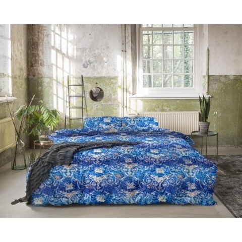 Lenjerie de pat pentru doua persoane, Royal Textile, Primaviera Deluxe Jane Blue, 3 piese, 100% bumbac satinat, multicolor