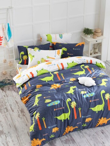 Lenjerie de pat dubla 3 piese, L'essentiel Maison, Dinolar, White / Dark Blue / Green / Orange / Yellow