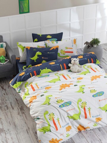 Lenjerie de pat dubla 3 piese, L'essentiel Maison, Dinolar, White / Dark Blue / Green / Orange / Yellow