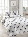 Set cuvertura matlasata dubla King (FR), 3 piese, Geyik - Dark Blue, EnLora Home, 65% bumbac/35% poliester