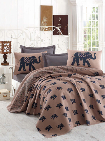 Cuvertura pique Single, L'essentiel Maison, Fil, Bumbac, Maro / Albastru