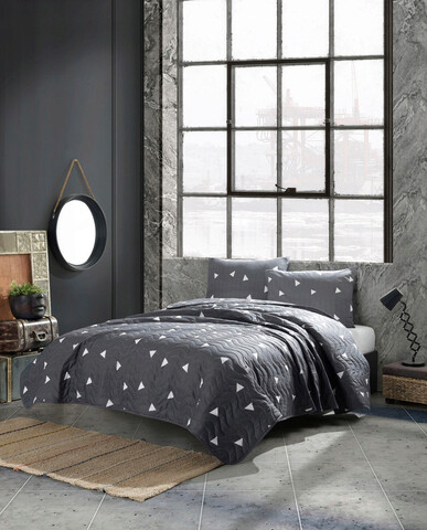 Set cuvertura Single 160x220 cm, 2 piese, L'essentiel Maison, Üçgen, 65% bumbac/35% poliester, Gri/Alb