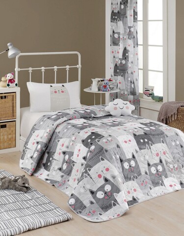 Set cuvertura matlasata Single 160x220 cm, 2 piese, L'essentiel Maison, Duvarda Kediler, 65% bumbac/35% poliester , Alb / Gri / Negru