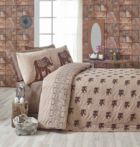 Set cuvertura matlasata Single 160x220 cm, 2 piese, Fil - Brown, Eponj Home, 65% bumbac/35% poliester