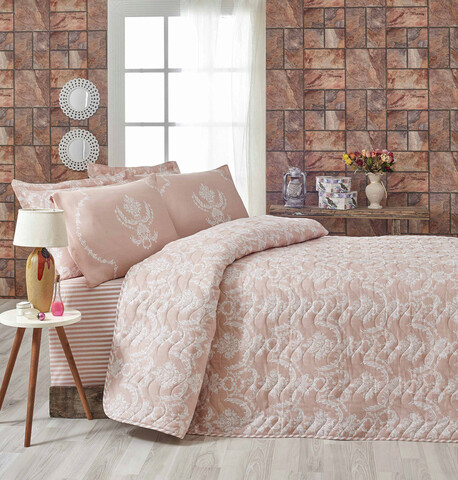 Set cuvertura matlasata Single 160x220 cm, 2 piese, L'essentiel Maison, Pure, 65% bumbac/35% poliester , Pulbere / Alb