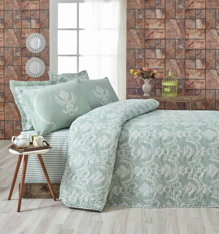 Set cuvertura matlasata Single 160x220 cm, 2 piese, L'essentiel Maison, Pure, 65% bumbac/35% poliester , Sea Green / White