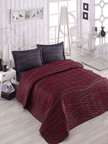 Set cuvertura matlasata dubla 3 piese, L'essentiel Maison, Verda, 65% bumbac/35% poliester , Roșu Claret / Antracit