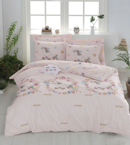 Lenjerie de pat dubla King (FR), 3 piese, Unicornlar - Pink, Eponj Home, 65% bumbac/35% poliester