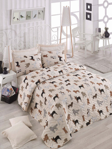 Set cuvertura matlasata dubla King (FR), 3 piese, Havhav - Cream, Eponj Home, 65% bumbac/35% poliester
