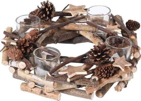 Coronita decorativa cu 4 suporturi pentru lumanari, lemn, maro