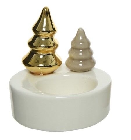 Suport pentru lumanare Fir, Decoris, 8.5x9 cm, portelan, alb/bej/auriu