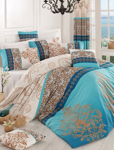 Lenjerie de pat dubla, L'essentiel Maison, Katre, Turquoise / Ecru / Blue / Brown