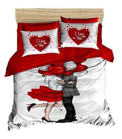 Lenjerie de pat dubla 3 piese, L'essentiel Maison, 154, Alb / Roșu / Negru