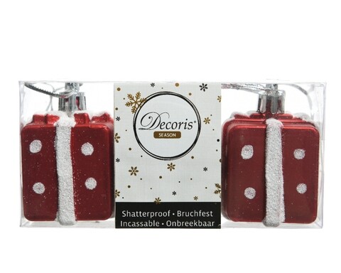 Set 3 globuri Gift box, Decoris, plastic, rosu/alb