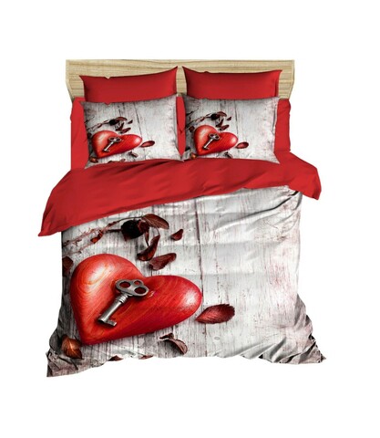 Lenjerie de pat dubla King (EU) (ES), 3 piese, L'essentiel Maison, 175, Alb / Roșu / Maro
