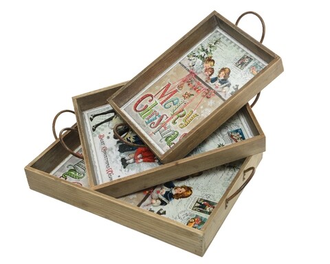 Set 3 tavi de servire Christmas, Decoris, lemn, multicolor