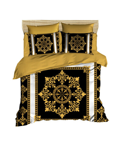 Lenjerie de pat dubla King (EU) (ES), 3 piese, L'essentiel Maison, 3D7, Negru / Auriu / Alb