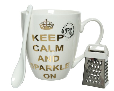 Set cana + mini razatoare + lingurita Keep calm, Decoris, portelan, alb/auriu