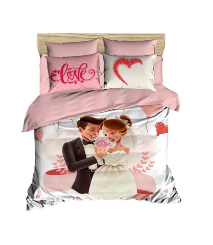 Lenjerie de pat dubla King (IT), 3 piese, L'essentiel Maison, 214, Alb/Roz