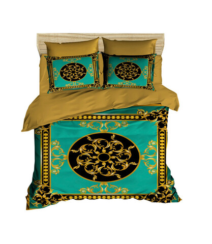 Lenjerie de pat dubla King (IT), 3 piese, L'essentiel Maison, 3D5, Black / Gold / Turquoise