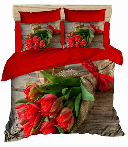 Lenjerie de pat dubla King (FR), 3 piese, L'essentiel Maison, 190, Roșu / Maro / Verde