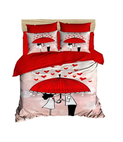 Lenjerie de pat dubla King (FR), 3 piese, L'essentiel Maison, 207, Alb / Roșu / Roz