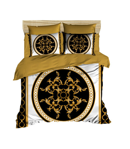 Lenjerie de pat dubla King (FR), 3 piese, L'essentiel Maison, 3D2, Negru / Auriu / Alb