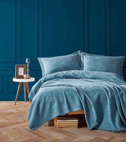 Set cuvertura pique dubla, Vera - Blue, Şaheser, Bumbac