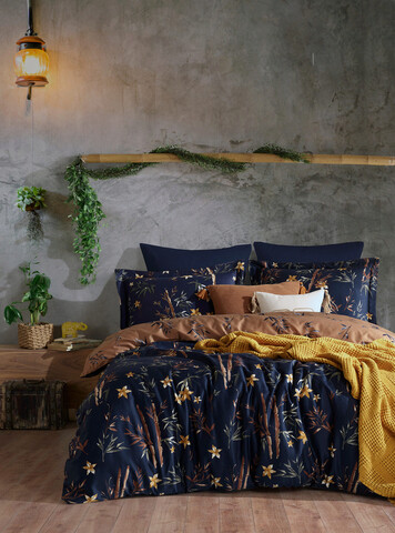 Lenjerie de pat pentru o persoana, L'essentiel Maison, Bamboo, Albastru închis / Maro / Galben