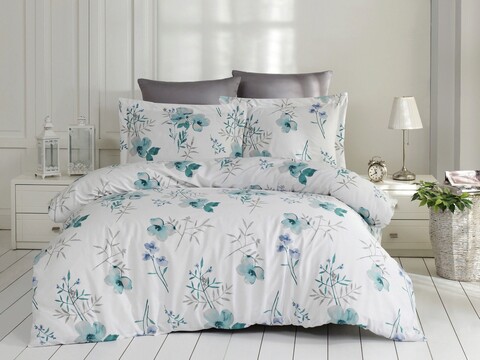 Lenjerie de pat dubla, L'essentiel Maison, Blomster, Albastru / Alb / Gri
