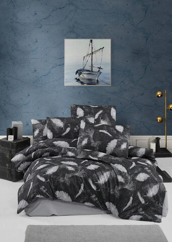 Lenjerie de pat dubla, Feather - Black, Victoria, Bumbac Ranforce