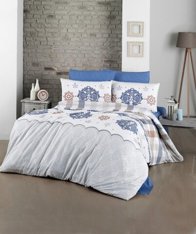 Lenjerie de pat pentru o persoana (DE), 2 piese, L'essentiel Maison, Galina, Blue / White / Grey / Brown