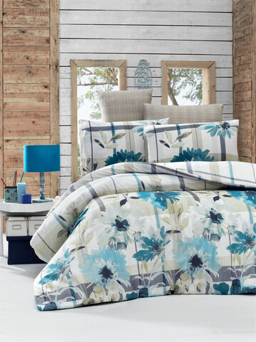 Lenjerie de pat pentru o persoana (DE), 2 piese, L'essentiel Maison, Vanesa, Albastru / Verde măsliniu / Gri