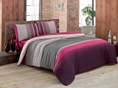 Lenjerie de pat dubla (EU) (IT), 3 piese, L'essentiel Maison, Lotus v2, Roz / Fuchsia / Negru / Gri / Alb