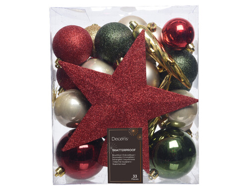 Cutie cu 33 globuri asortate si varf de brad Star Christmas, Decoris, plastic, multicolor