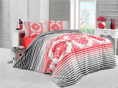 Lenjerie de pat dubla King (EU) (ES), 3 piese, L'essentiel Maison, Algın, White / Red / Black / Grey