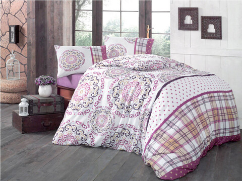 Lenjerie de pat dubla King (EU) (ES), 3 piese, L'essentiel Maison, Asya, White / Lilac / Purple / Maroon