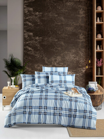 Lenjerie de pat dubla King (FR), Linda - Blue, Victoria, Bumbac Ranforce