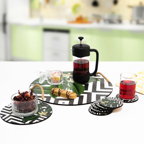 Set tava servire + suporturi pahare, Hermia, 283PLN1103, Diametru placă de bază: 18 cm (1 bucată), Multicolor