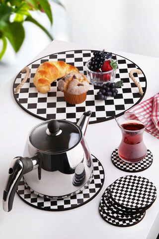 Set tava servire + suporturi pahare, Hermia, 283PLN1101, Diametru placă de bază: 18 cm (1 bucată), Alb/Negru