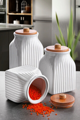 Set recipiente depozitare, Hermia, 238PLN3004, Dimensiune: 10,5 x 10,5 x 14 cm / 500 ml (1 bucată), Alb/Maro