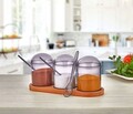 Set recipiente pentru condimente cu suport, Hermia, 619PLS1154, Dimensiune borcan: 7 x 7 x 12 cm / 275 ml (3 bucăți), Maro/Mov