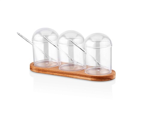 Set recipiente pentru condimente cu suport, Hermia, 619PLS1155, Dimensiune borcan: 7 x 7 x 12 cm / 275 ml (3 bucăți), Maro/Transparent