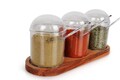 Set recipiente pentru condimente cu suport, Hermia, 619PLS1155, Dimensiune borcan: 7 x 7 x 12 cm / 275 ml (3 bucăți), Maro/Transparent