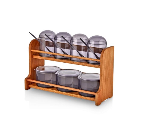 Set recipiente pentru condimente cu suport, Plasberg, 619PLS1114, Plastic, Maro/Mov