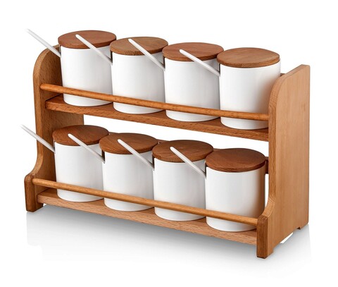 Set recipiente pentru condimente cu suport, Hermia, 619PLS1112, Dishwasher - safe / Microwave - not safe / BPA Free, Maro/Alb