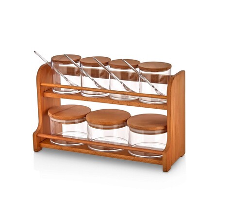 Set recipiente pentru condimente cu suport, Hermia, 619PLS1119, Dishwasher - safe / Microwave - not safe / BPA Free, Maro/Transparent